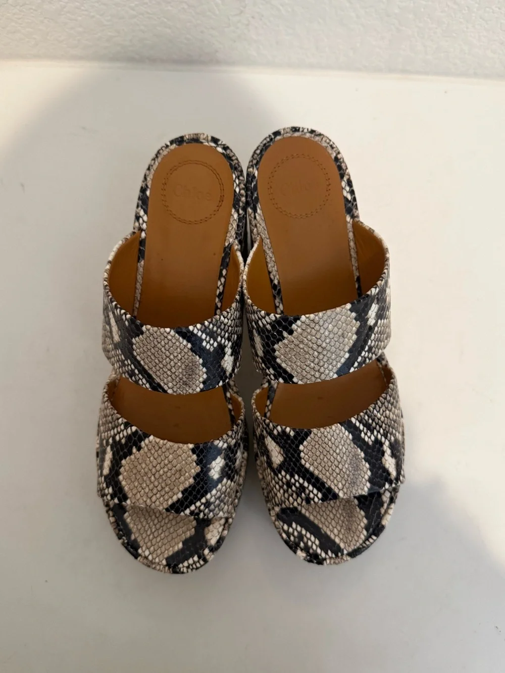Chloé Odina Mule Snakeskin-Print Platform Block Heel Sandals Black Cream Tan 40